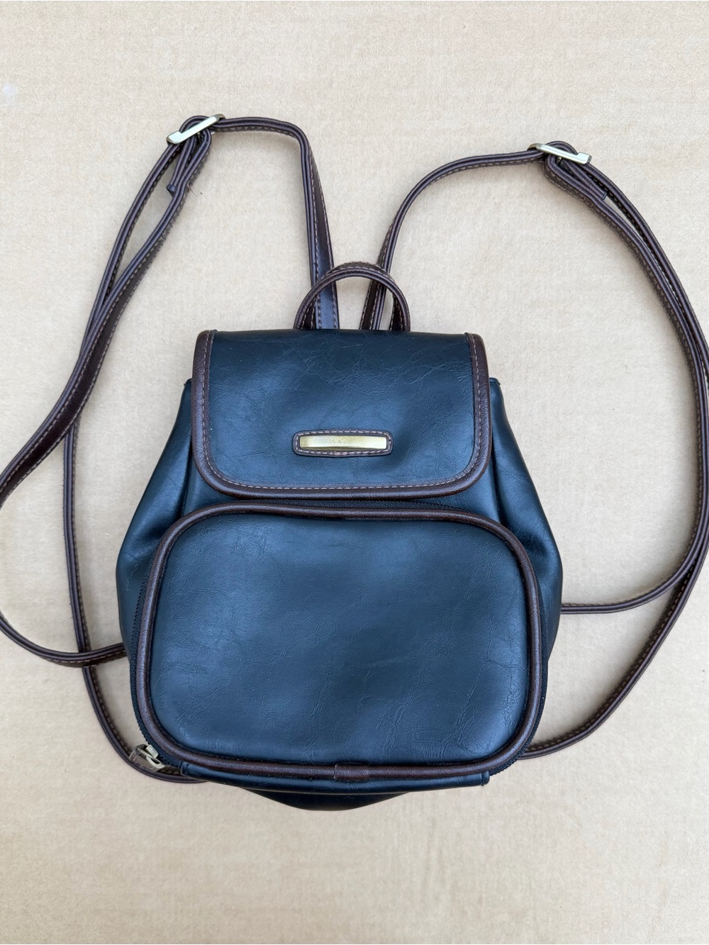 Vintage 1990s Mini Backpack Black Brown Faux Leather Y2K Small Purse Bag